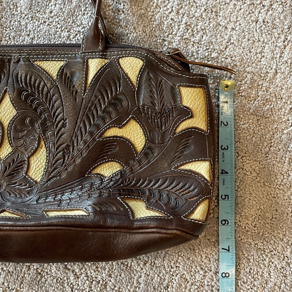 Leaders In Leather Scroll Cut Out Tooled Leather  Bag, Medium Size, Brown/Ivory - Picture 10 of 16